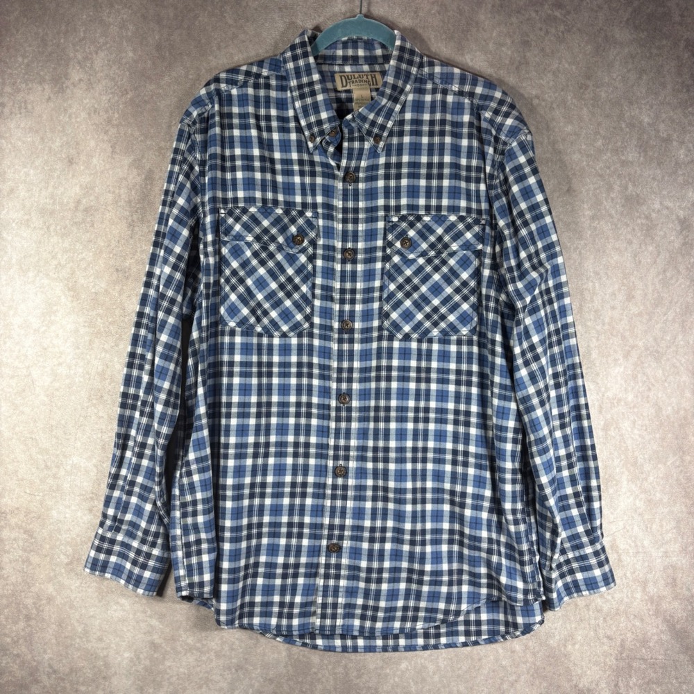 Duluth Trading Co Button Down Shirt Men Large Blue Plaid Flannel Casual Workwear